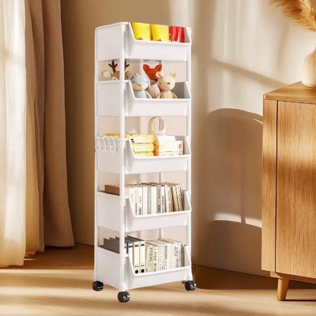 

Узкий 5-ярусный книжный шкаф с передвижной тележкой и колесами с фиксацией | Компактное хранение для гостиной и спальни 5-tier