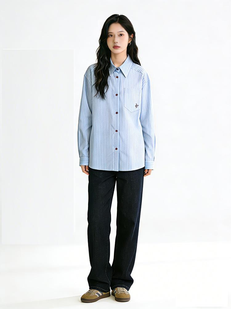 Korean Style Blue Striped Embroidered Long Sleeve Shirt for Women - Trendy Spring/Autumn Layering