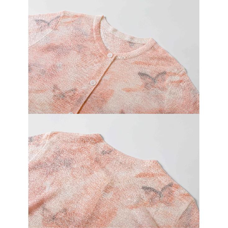 Women Summer Long Sleeve Floral Print Knitted O Neck Cardigan Casual Lightweight Knit Sweater Top Anti-Darkness