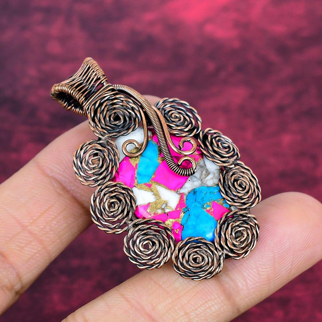 Cotton Candy Turquoise Gemstone Pendant Copper Wire Wrapped Flower Jewelry