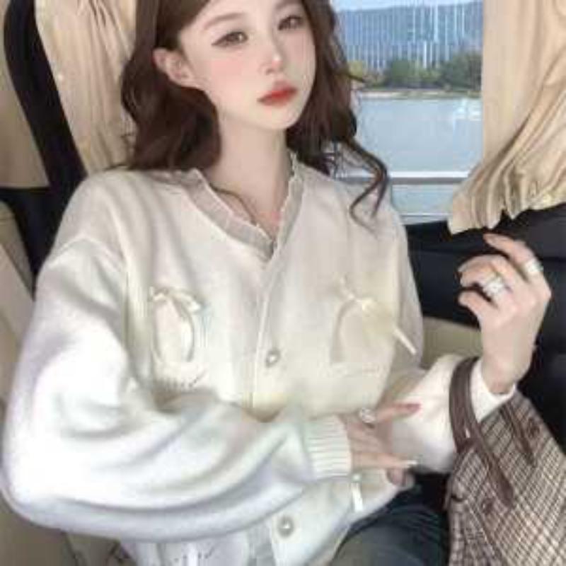 Women's Light Blue Knit Cardigan Pearl Button Bow Decor Ruffled Trim Casual Top