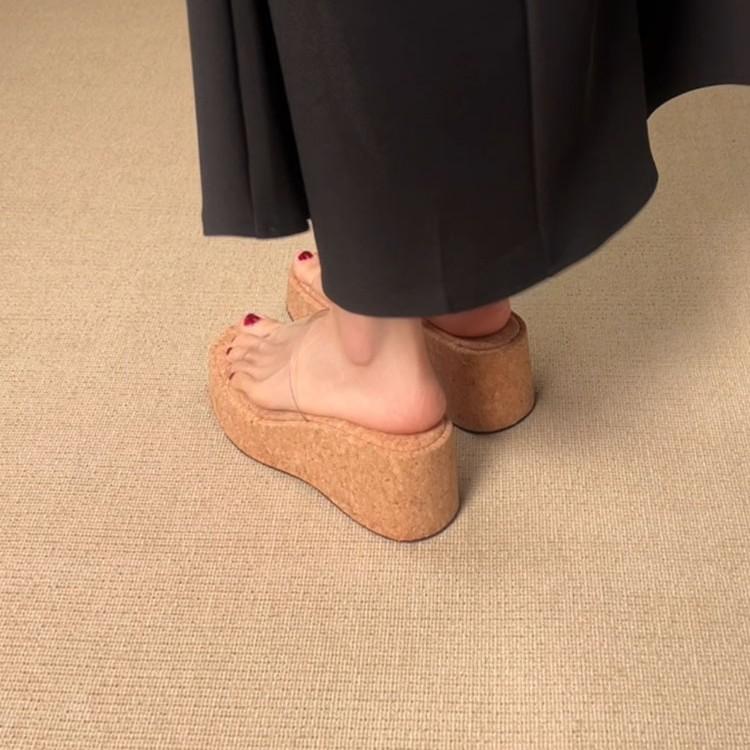 

Small muffin thick-soled cool slippers women s summer fashion outer wear slope heel heightening transparent belt sandals women 41 прозорий