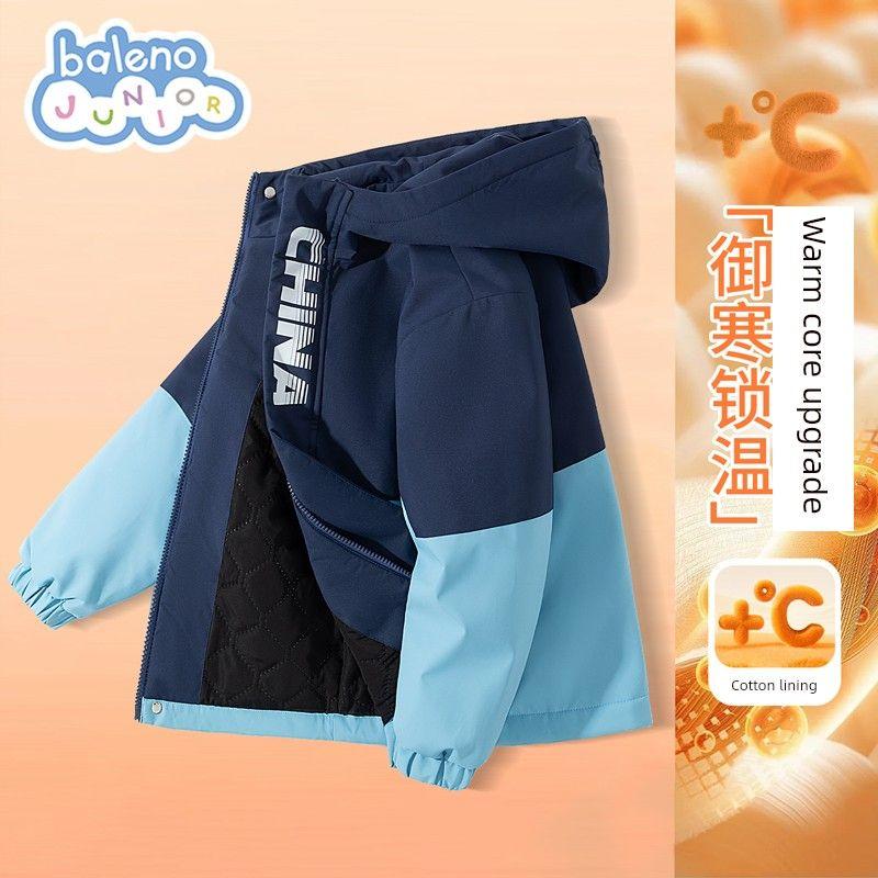 Baleno Kids Boys  Jacket Autumn/Winter 2026 New Children s Color-Block Hooded Cotton Coat Big Kids New Year Outfit Blue # Solid Color 160