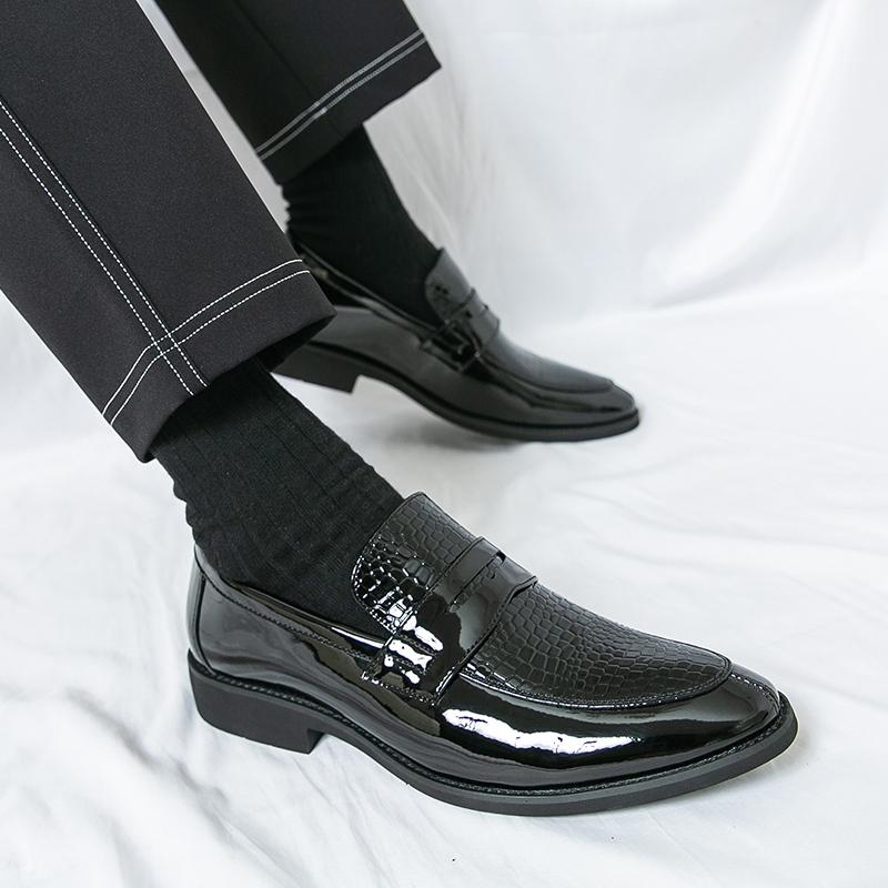 Men Black Loafers Leather Shoes Formal Business Flats Slip on Shoes Wedding Dress Prom Shoes Mosaic Contrast Over Sized