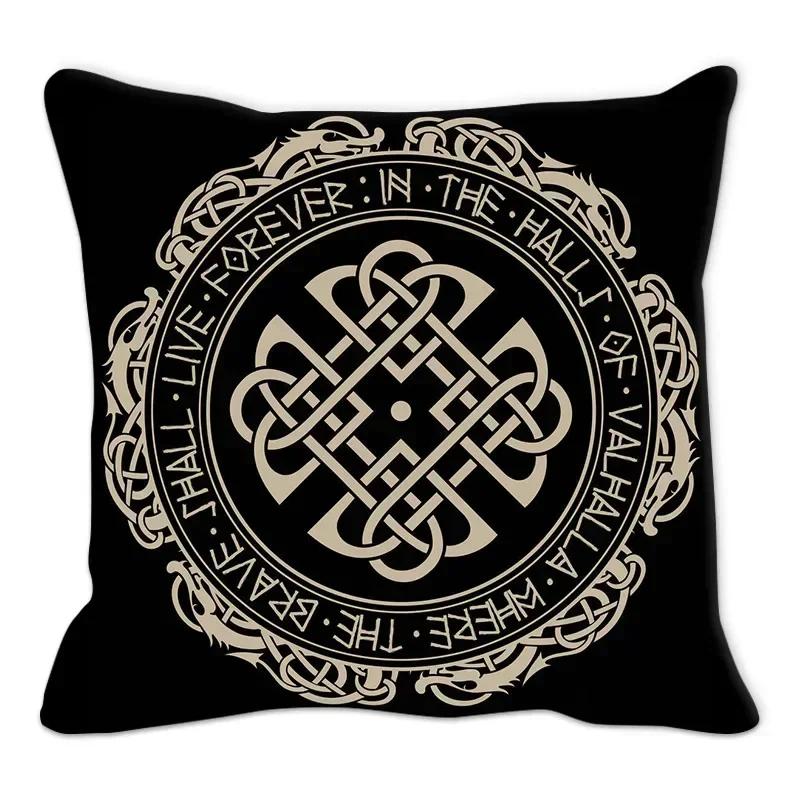 Funda de almohada con amuleto vikingo, cojín para sofá, decoración del hogar, funda geométrica en blanco y negro,(3)