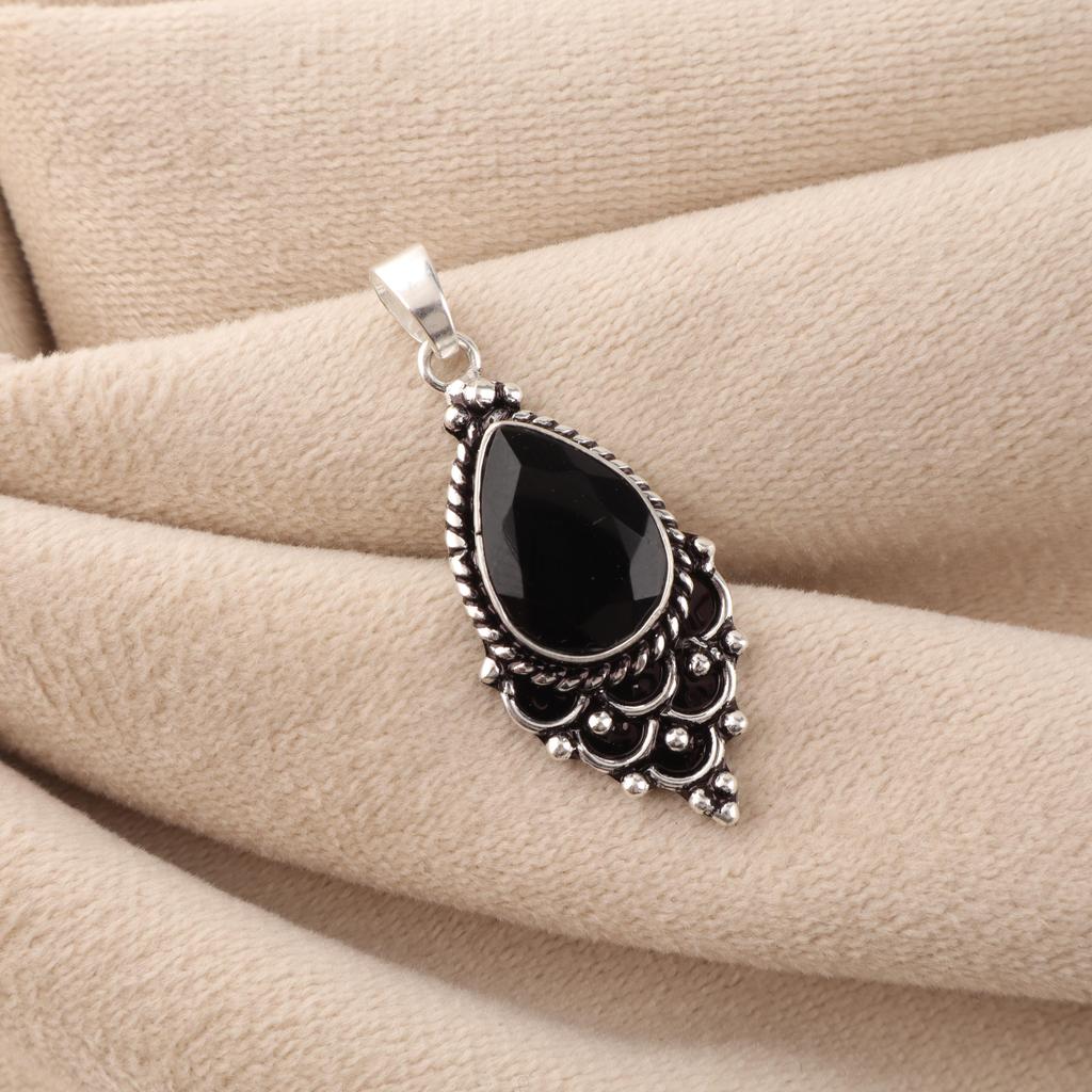 Black Onyx Gemstone 925 Sterling Silver Handcrafted Pendant 1.5" For Anniversary Gift PP-70-20