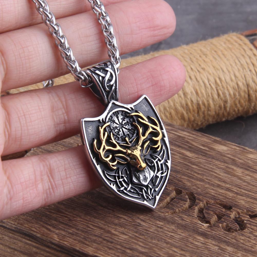 Viking nerezová ocel hlava jelena štít Vegvisir náhrdelník pánský Odin přívěsek šperk s krabičkou