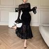 Women Floral Flocked Mesh Mermaid Midi Dress Long Bell Sleeve Mock Neck Ruched Bodycon Sheer Black Elegant Evening Cocktail Party Formal Dress