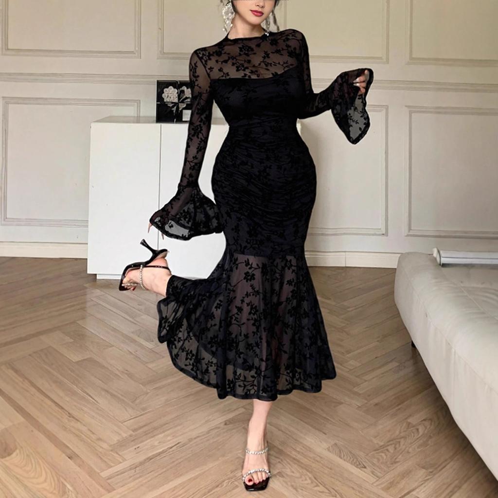 Women Floral Flocked Mesh Mermaid Midi Dress Long Bell Sleeve Mock Neck Ruched Bodycon Sheer Black Elegant Evening Cocktail Party Formal Dress