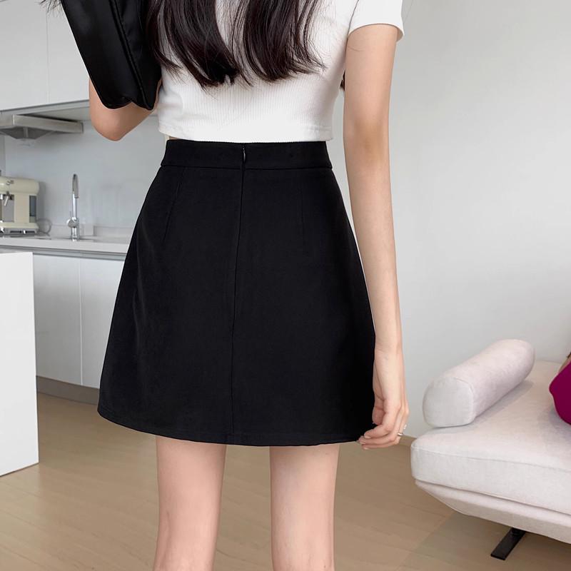2024 Summer Black Slimming High Waist A-line Midi Skirt with Slit for Women