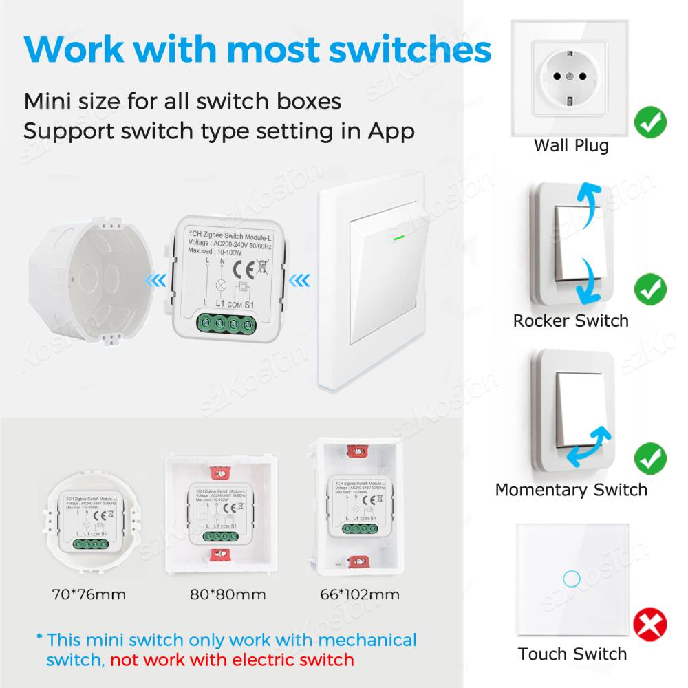 Tuya Zigbee Smart Mini Switch Module Relay No Neutral Wire Required 1 2 3 4 Gang 2 Way Control Works with Alexa Google Home