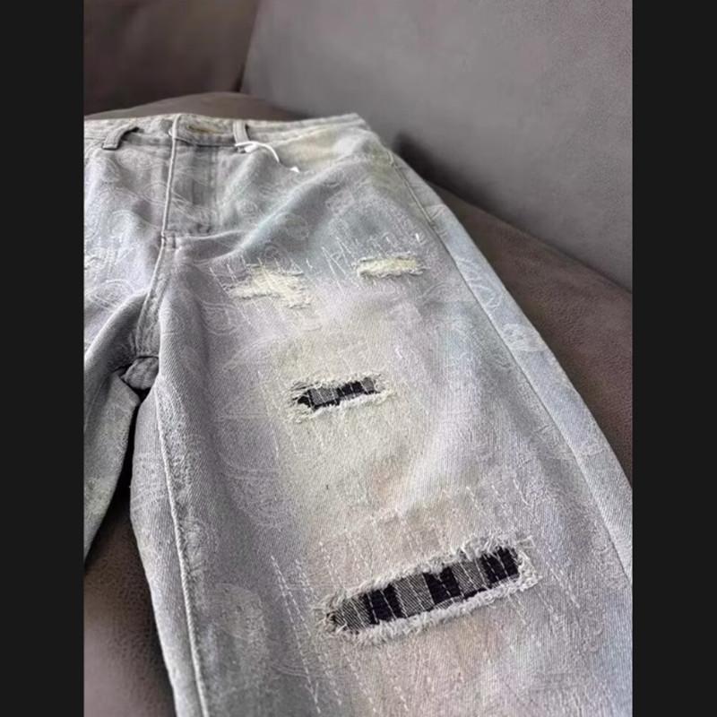 Cashew Flower Full Print Patch Ripped Jeans Men's and Women's Trendy Brand Ruffian Handsome Fried Street Pants Narrow Version Couple Straight Pants
