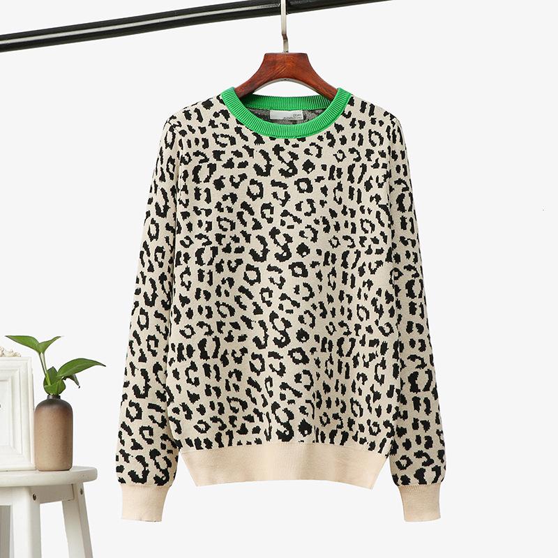 Leopard Print Women's Color Block Knit Sweater - Autumn/Winter Loose Pullover
