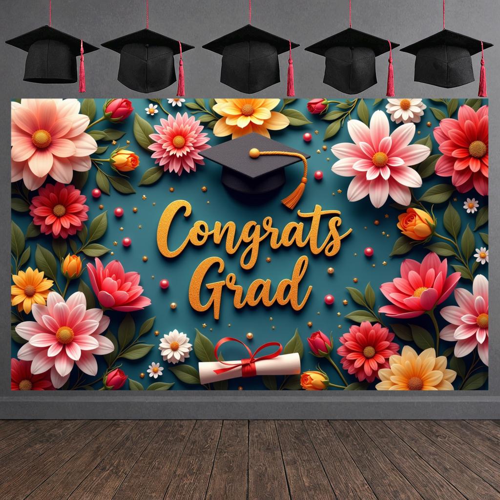Graduation Ceremony Banner Colorful Balloons Congratulatory Display Grad Party Banner Congrats Lettering Grad Photo Background