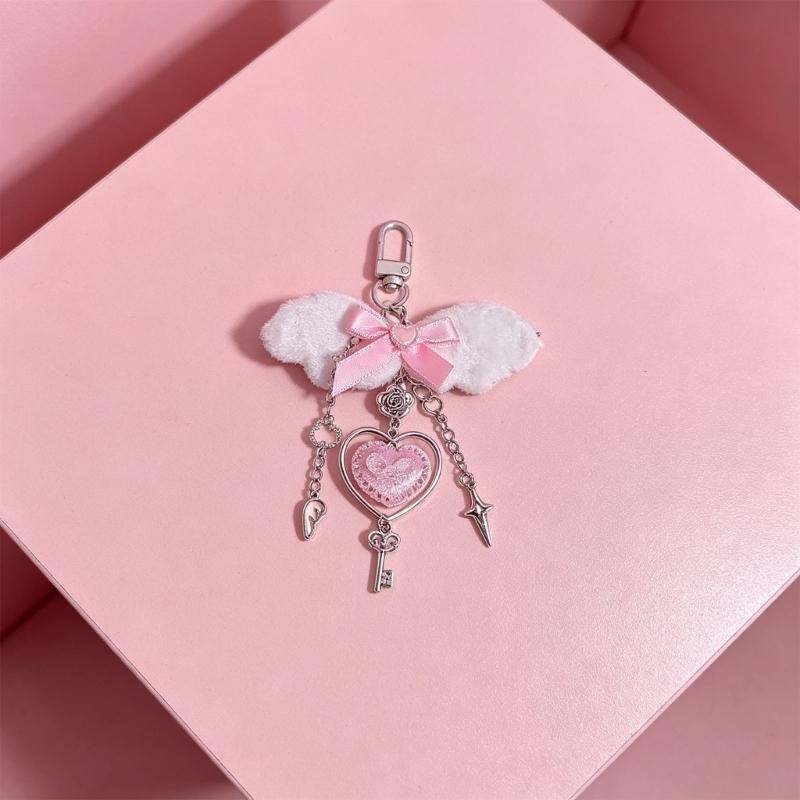 Romance Pink Heart With White Wing Key Chain Fashion Jewelry Lightweight Lovely Keyring For Women Girls