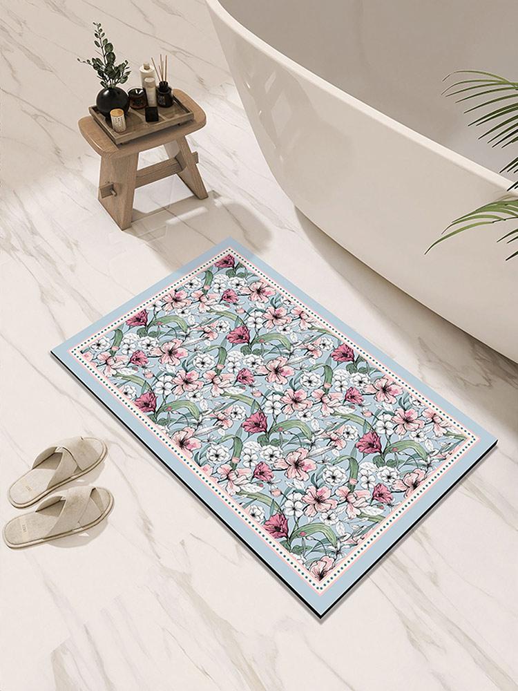 Floral Bath Mat Bathroom Floor Mats Absorbent Quick Dry Bathtub Side Carpet Non-Slip Shower Toilet Foot Rug Washable