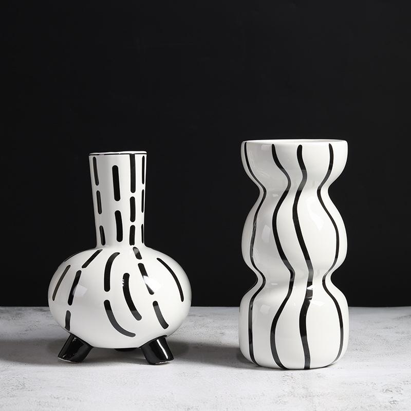 Modern Nordic Black White Striped Ceramic Vase Home Decor for Hotel Apartment Showroom