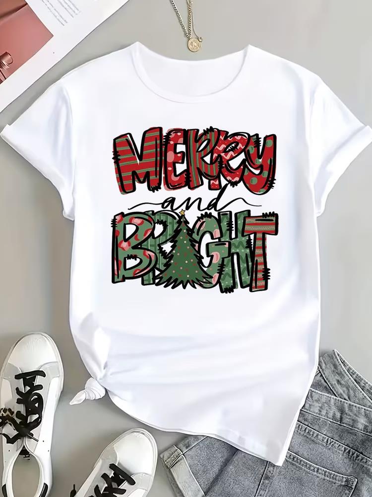 (Asian Size) Tree Cute 90s Tee Top Print New Year Clothing T Shirt Women Fashion Christmas Festival Woman Short Sleeve Graphic T-shirts