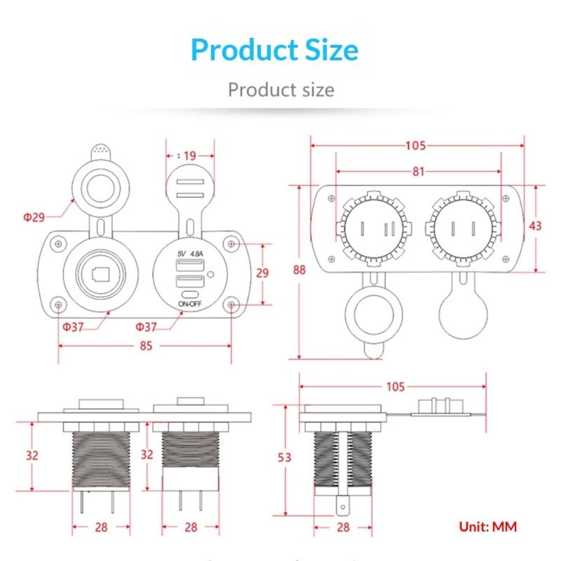 12-24V Double USB A 4.8A Fast Charging Marine Car Switches Panel with Voltage Display Waterproof Cover and Safety Protec