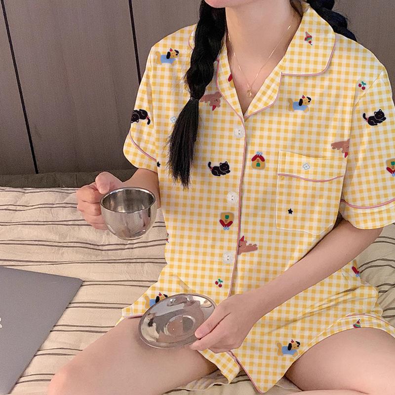 Summer Cartoon Pajamas Women'S Casual High-Value Plaid Short-Sleeved Two-Piece Loungewear