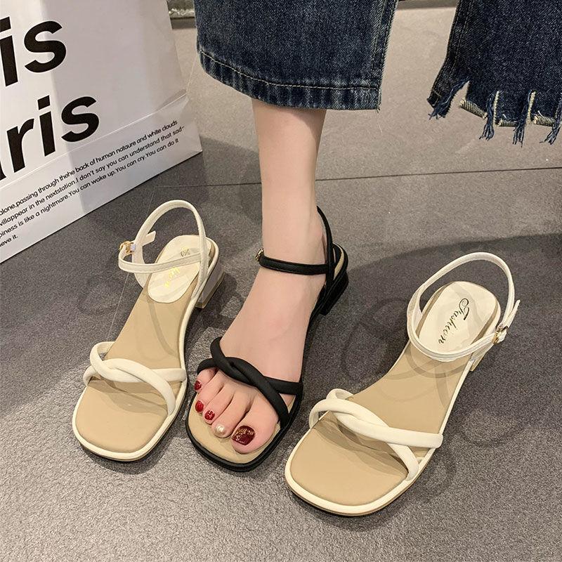 One word with sandals women 2025 summer new fashion versatile thick heel fairy style retro French niche high heels