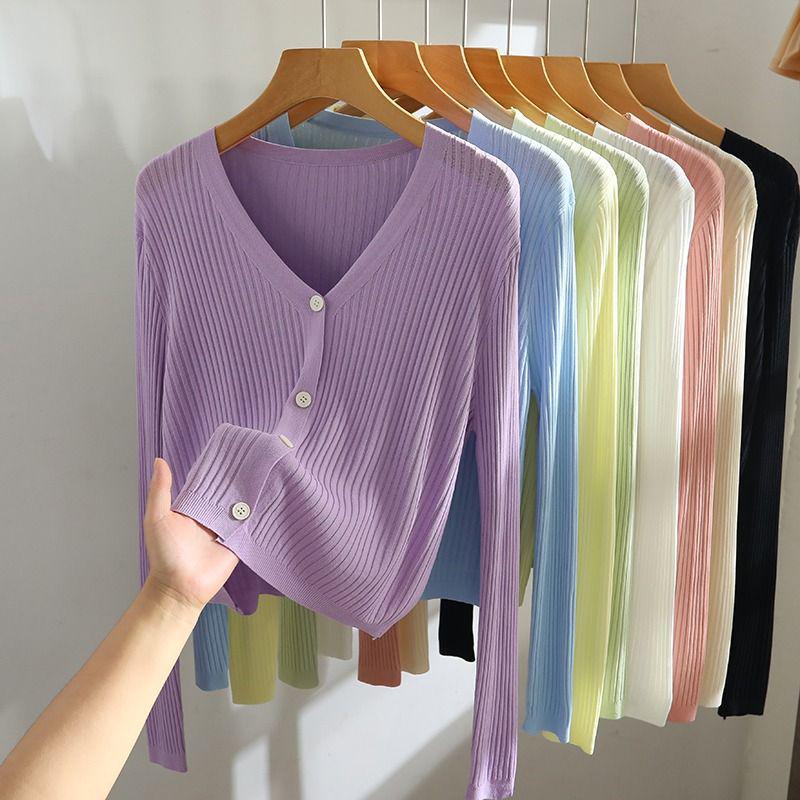 Dames Lente/Zomer V-hals Gebreide Vest - Lange Mouw, Lichtgewicht Slim Fit Jas
