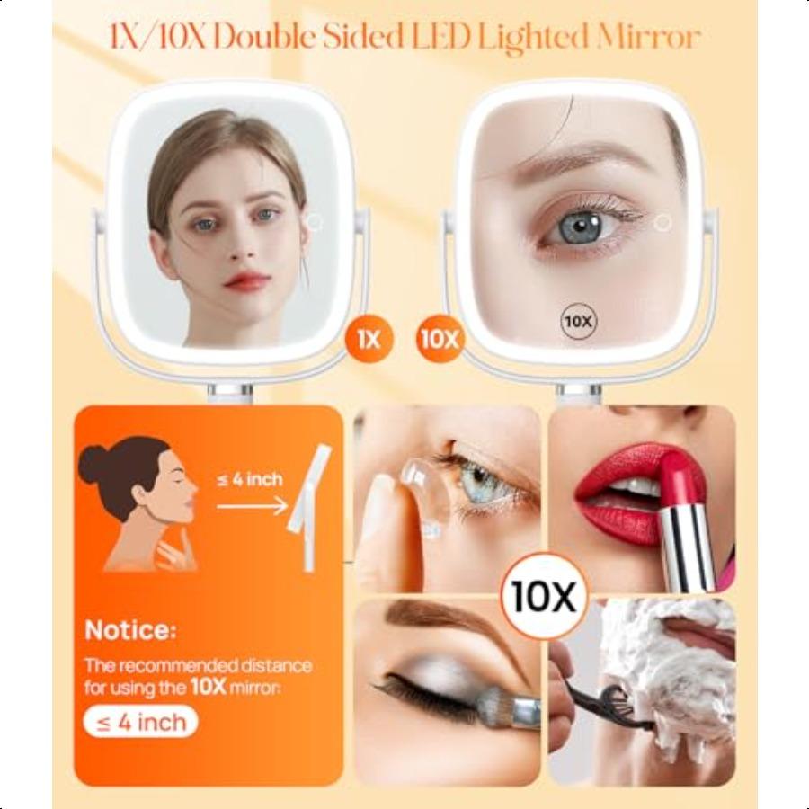 Lighted Makeup Mirror with Lights and Magnification 1X 10X Tray Base and Height Adjustable for Desk 4000mAh Rechargeable Batter