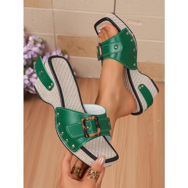 Large-Size Sandals – Summer New Wedge Metal Buckle Slippers, Belt Buckle Casual Beach Slide Sandals for Women