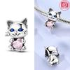 Cute Cat Pink Heart Beads Copper Original Beads Fit Original Charms Bracelet Beads Jewelry Fine Gifts For Women
