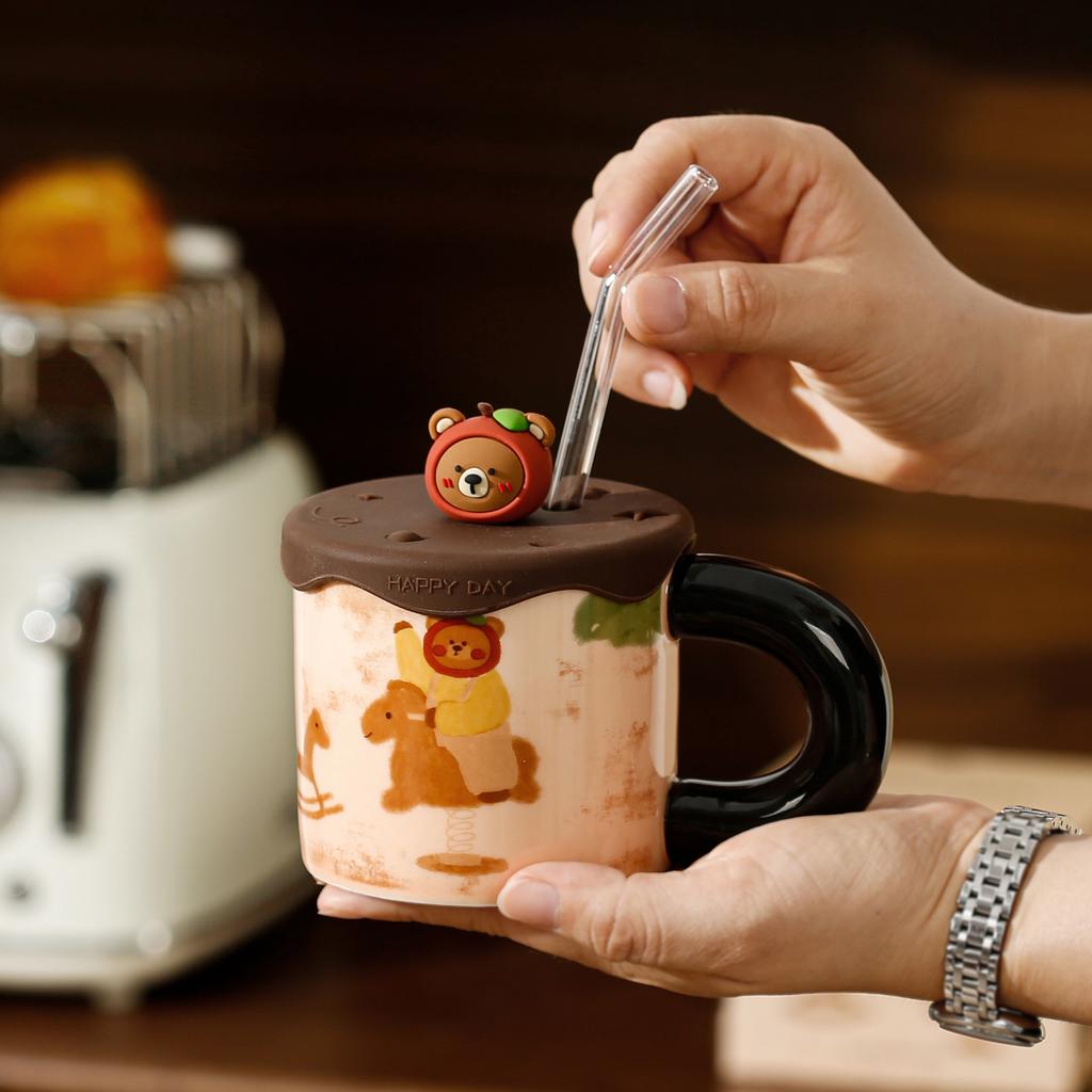 Cute Apple Bear Ceramic Cup with Silicone Lid Straw Water Cup High Precision Cute Mug Household Cup Gift