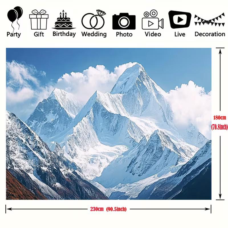 2D Winter Mountain Tapestry, Majestic Snow Covered Peak Background Cloth