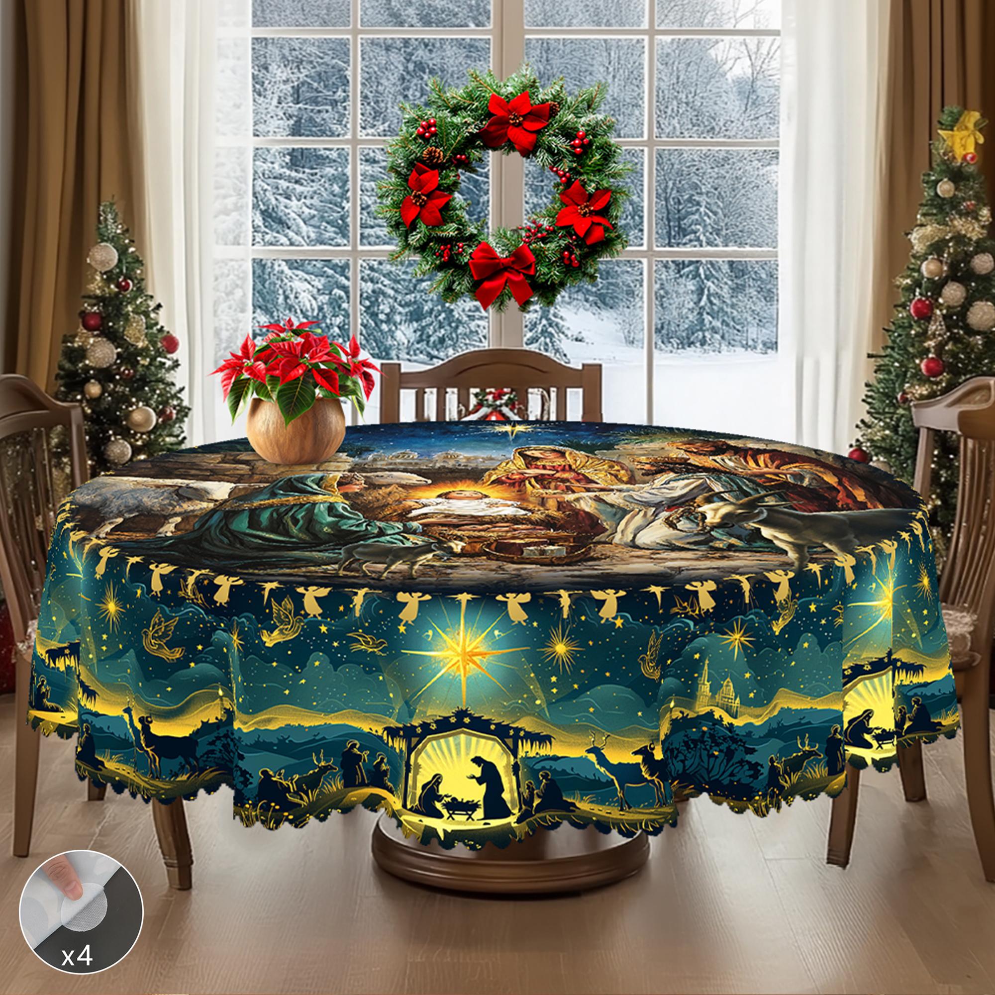 Kerst Vintage Boerderij Tafelkleed met Kerstman, rendieren & Kerstboom prints. Rechthoekige & ronde maten voor Kerst/Nieuwjaarsfeesten, keuken, binnen & Round (152)Cm