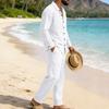 Men Loose Casual Holiday Long Sleeve Linen Shirt Straight Pants Suit