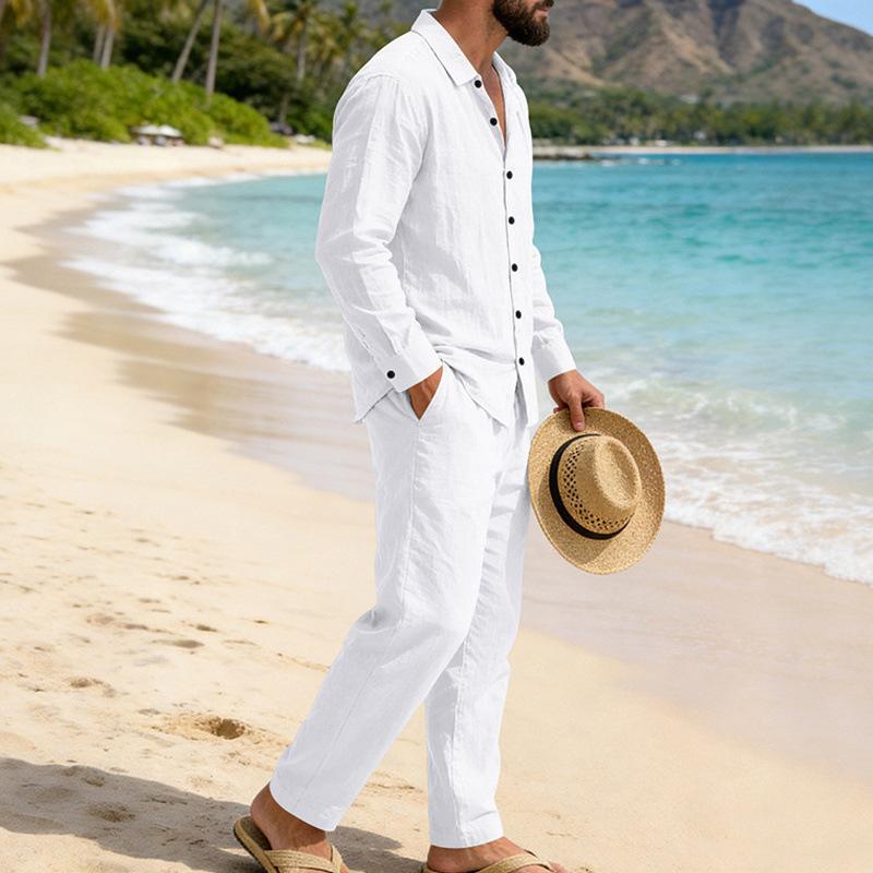 Men Loose Casual Holiday Long Sleeve Linen Shirt Straight Pants Suit
