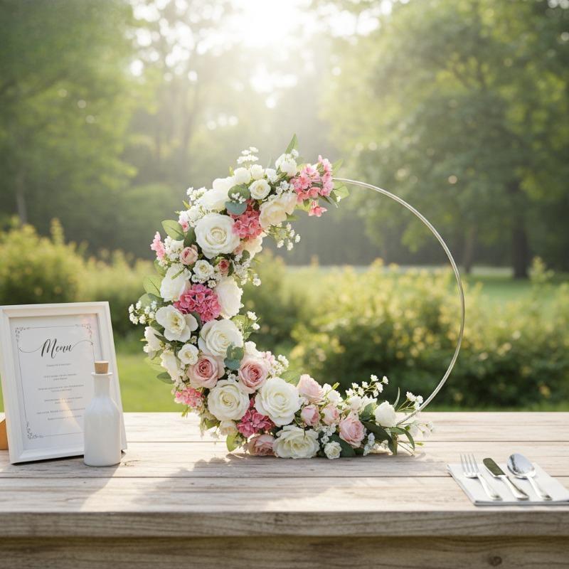 10 Sets Floral Wreath Centerpiece Set with 20-25cm Silvery Metal Ring & Wooden Base Reusable Hoops Wedding Garlands Table Decor