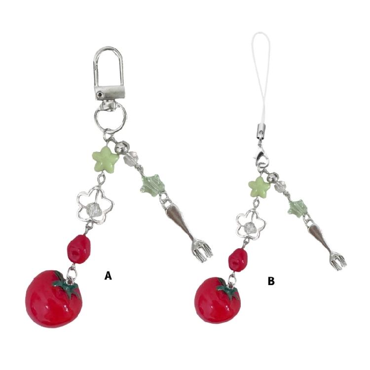 Creative Tomato Fork Keychain Phone Lanyard Resin Charm Decorative Accessory For Car Interior And Gifting