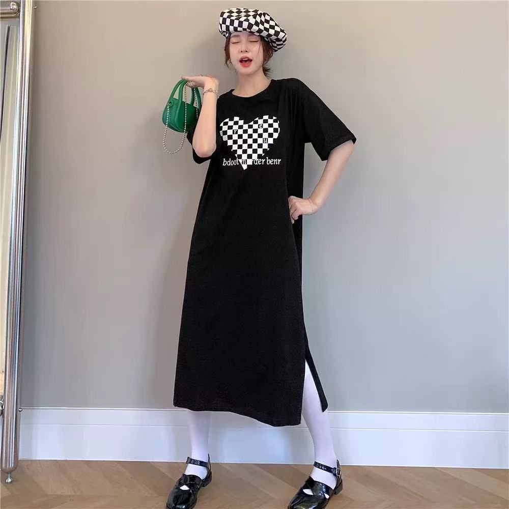 Black and white grid large size women's t-shirt dress, slightly fat in summer mm loose and lazy wind, covering the stomach and showing