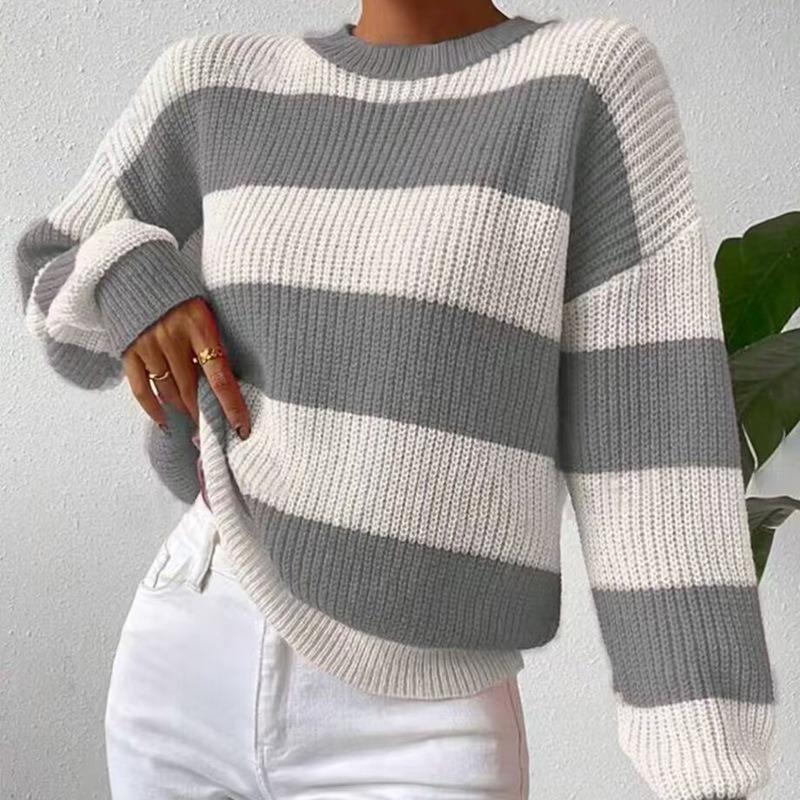 Damen S Lockerer Rundhals Langarm Gestreifter Strickpullover