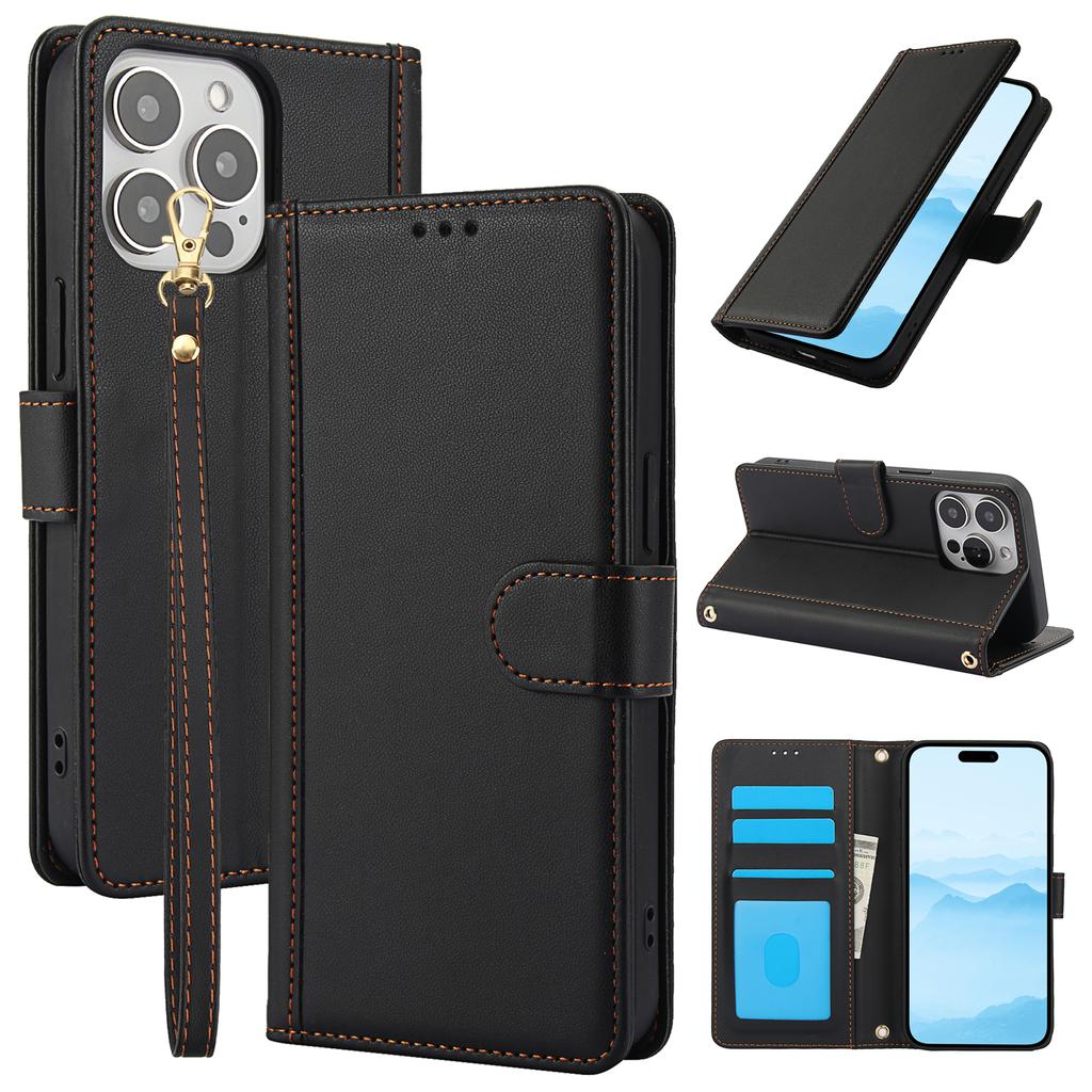 SY-003 For iPhone 15 Pro Max Case PU Leather Stand View Phone Wallet Cover with Hand Strap