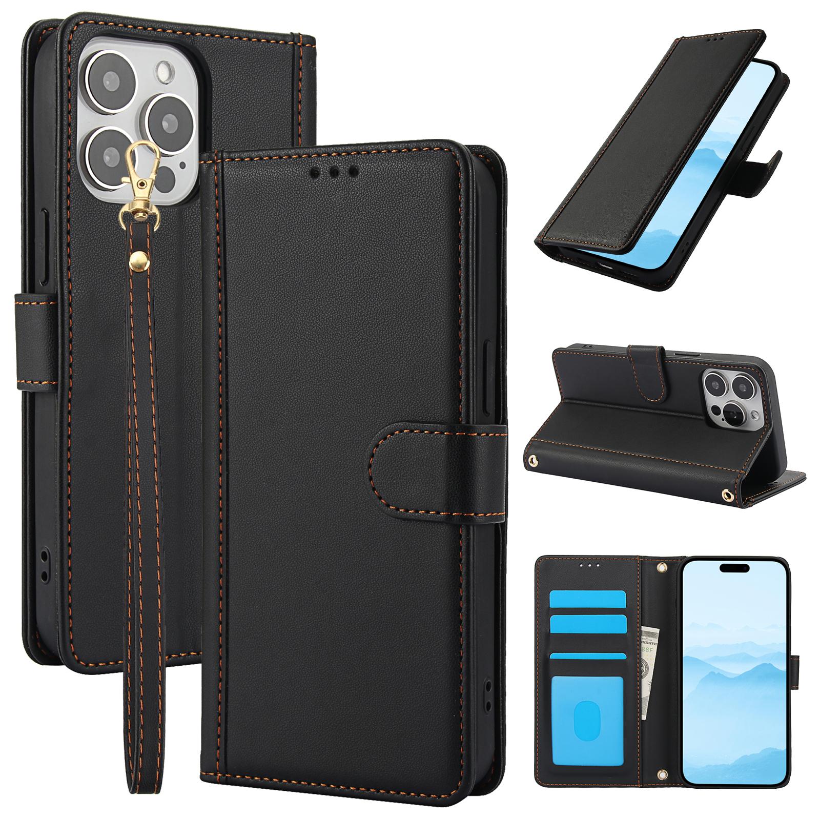 

SY-003 For iPhone 15 Pro Max Case PU Leather Stand View Phone Wallet Cover with Hand Strap D