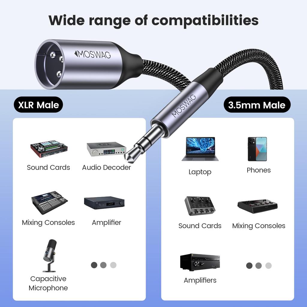 MOSWAG to XLR to XLR Microphone Mini Jack Aux to Suitable for Cell Tablet 3.5mm Cable, 3.5mm (Male) (Male) Cable, Phone, iPod, Phone, Laptop, Speaker,