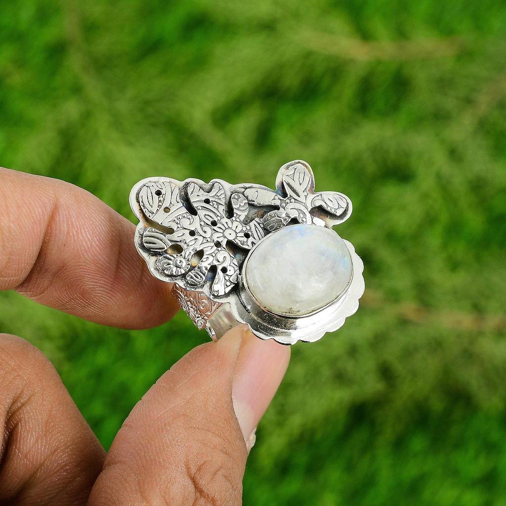 Womens day Deal Sterling Silver Natural Rainbow Moonstone Solitaire Ring Jewelry