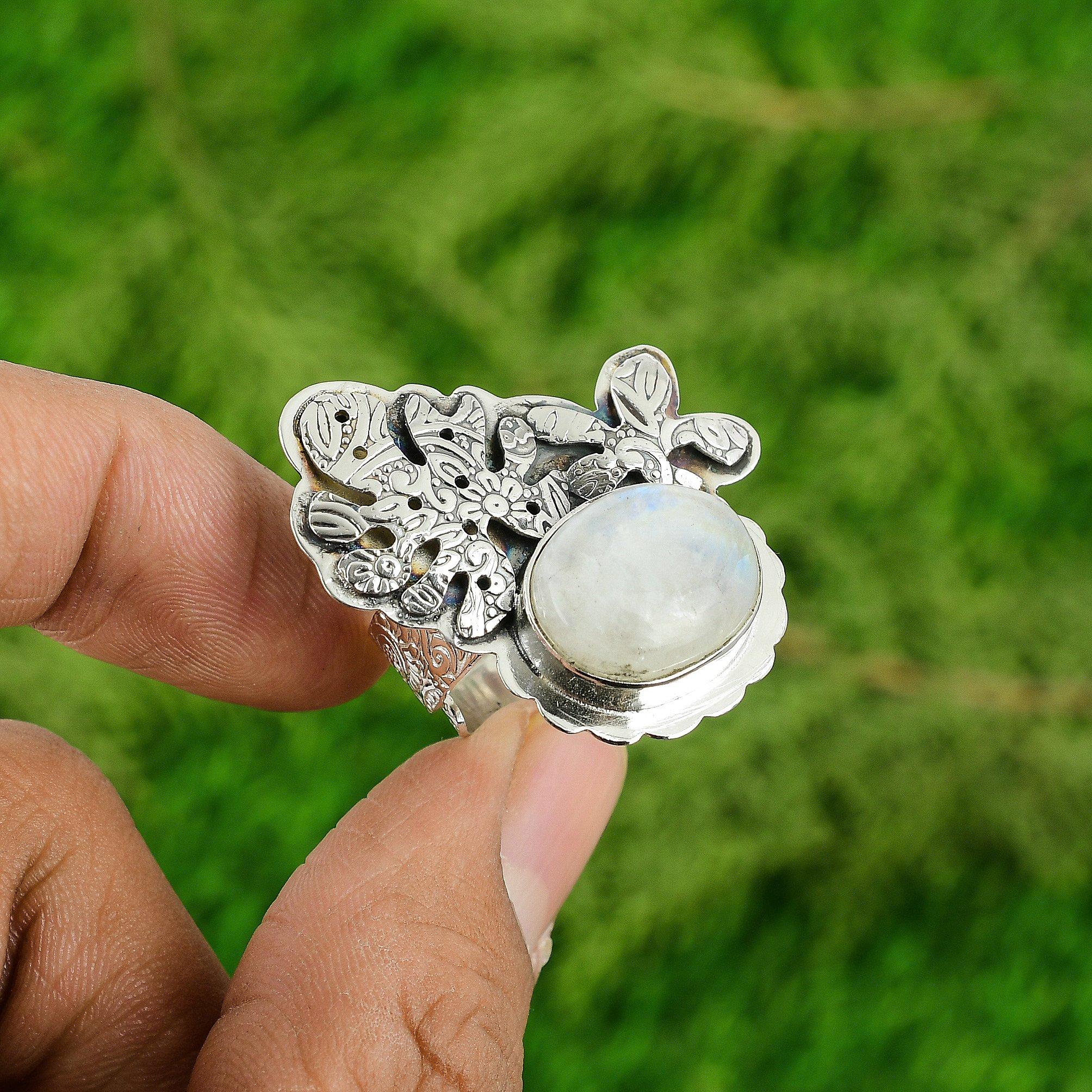 

Womens day Deal Sterling Silver Natural Rainbow Moonstone Solitaire Ring Jewelry Adjustable