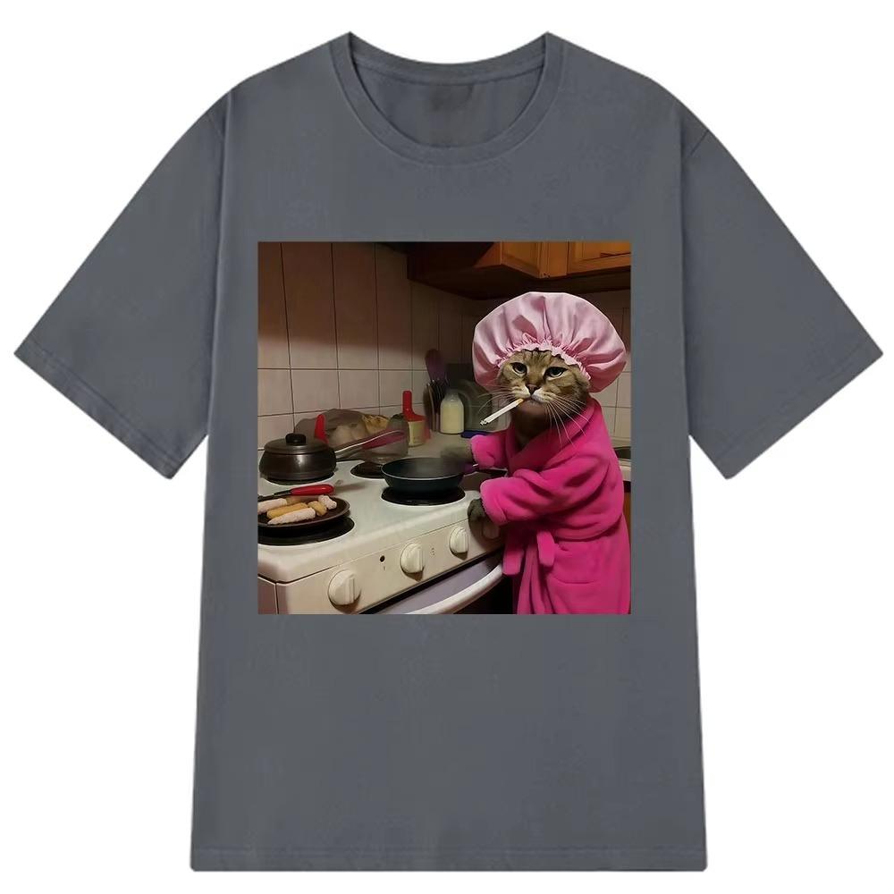 Funny Housewife Cat Meme T-Shirt Men Women Vintage Tops Short-sleeved Fashion Harajuku Casual Oversized Pure Cotton T-shirts