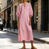 Abito estivo da donna in cotone e lino, casual, con maniche a sbuffo a metà manica, lunga tunica con zip e girocollo, vestito largo da vacanza con tasche