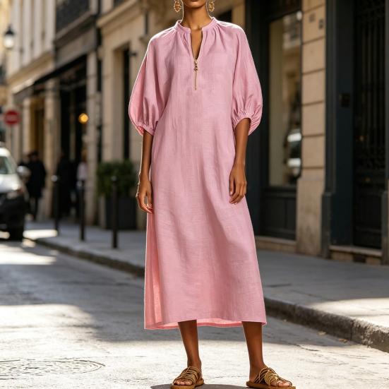 Abito estivo da donna in cotone e lino, casual, con maniche a sbuffo a metà manica, lunga tunica con zip e girocollo, vestito largo da vacanza con tasche