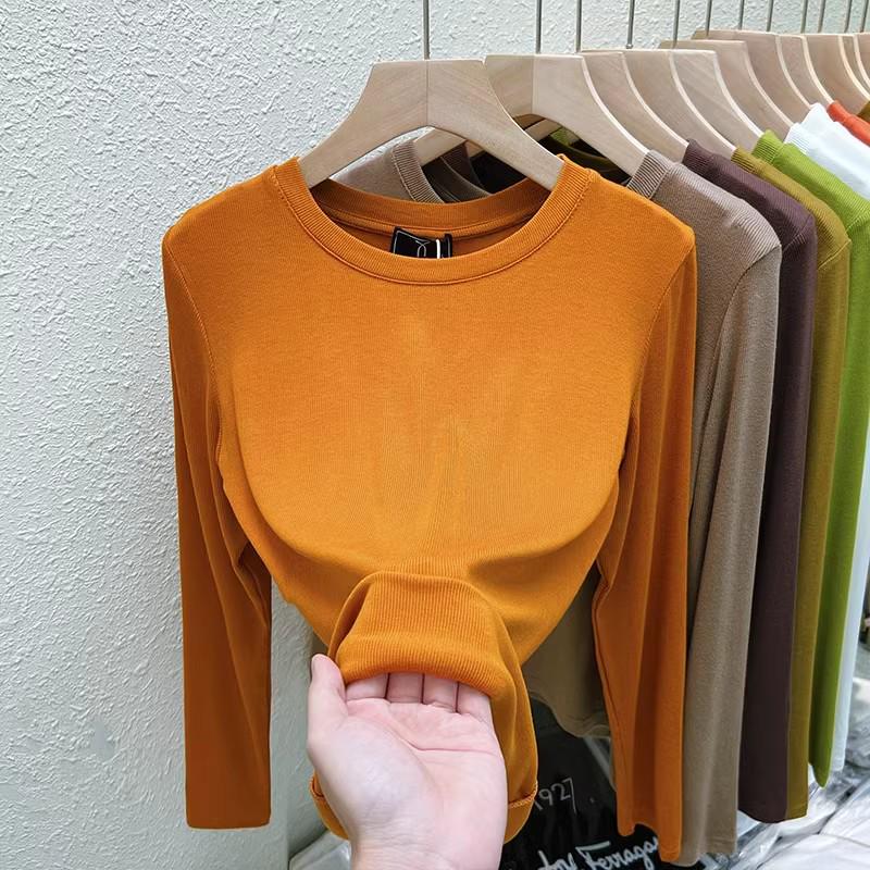Damen 2025 Geripptes Langarm Rundhals Modisches Basisschicht T-Shirt für Frühling und Herbst