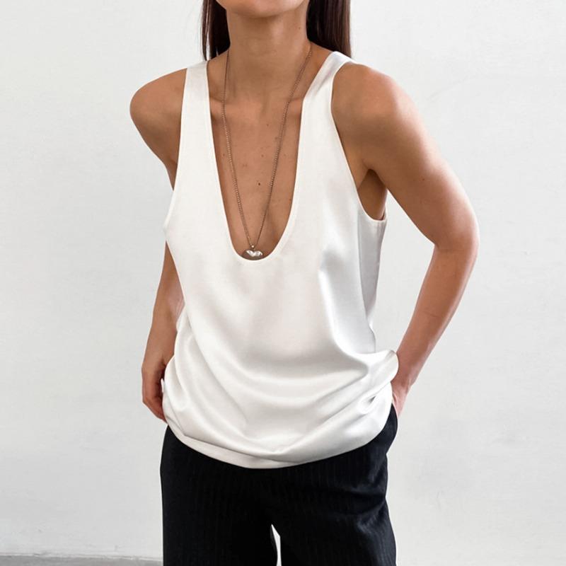 Womens Satin Deep V Neck Loose Camisole Summer Casual Top S