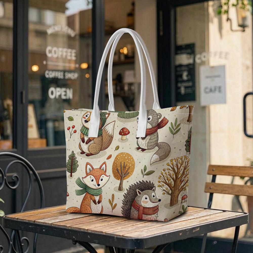Cute Forest Animal Print Tote Bag Large Capacity Daily Casual Lightweight Shoulder Bag for Women Shopping Travel Use