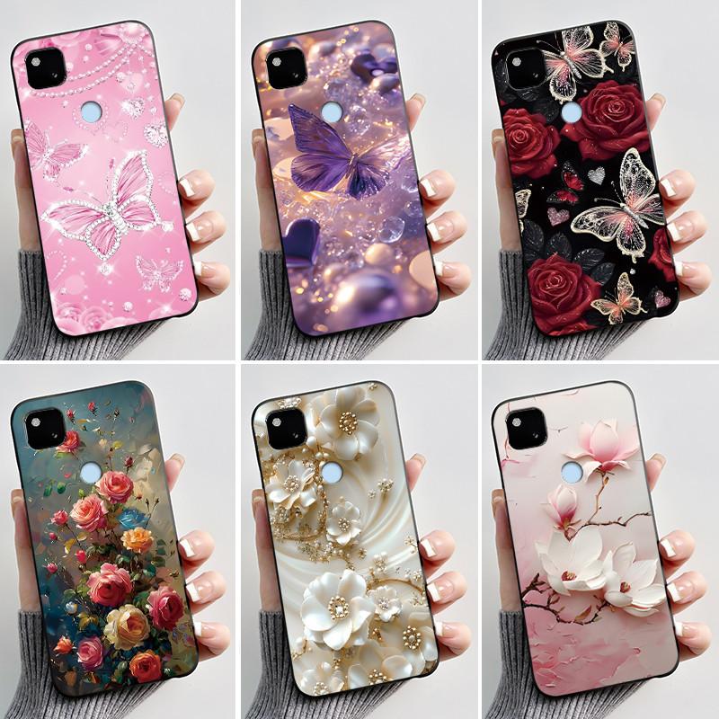 Case For Google Pixel 4a Luxury Fashion Butterfly Flowers Soft Matte TPU Silicon Back Cover Black For Pixel4a 4G 5G Phone Case